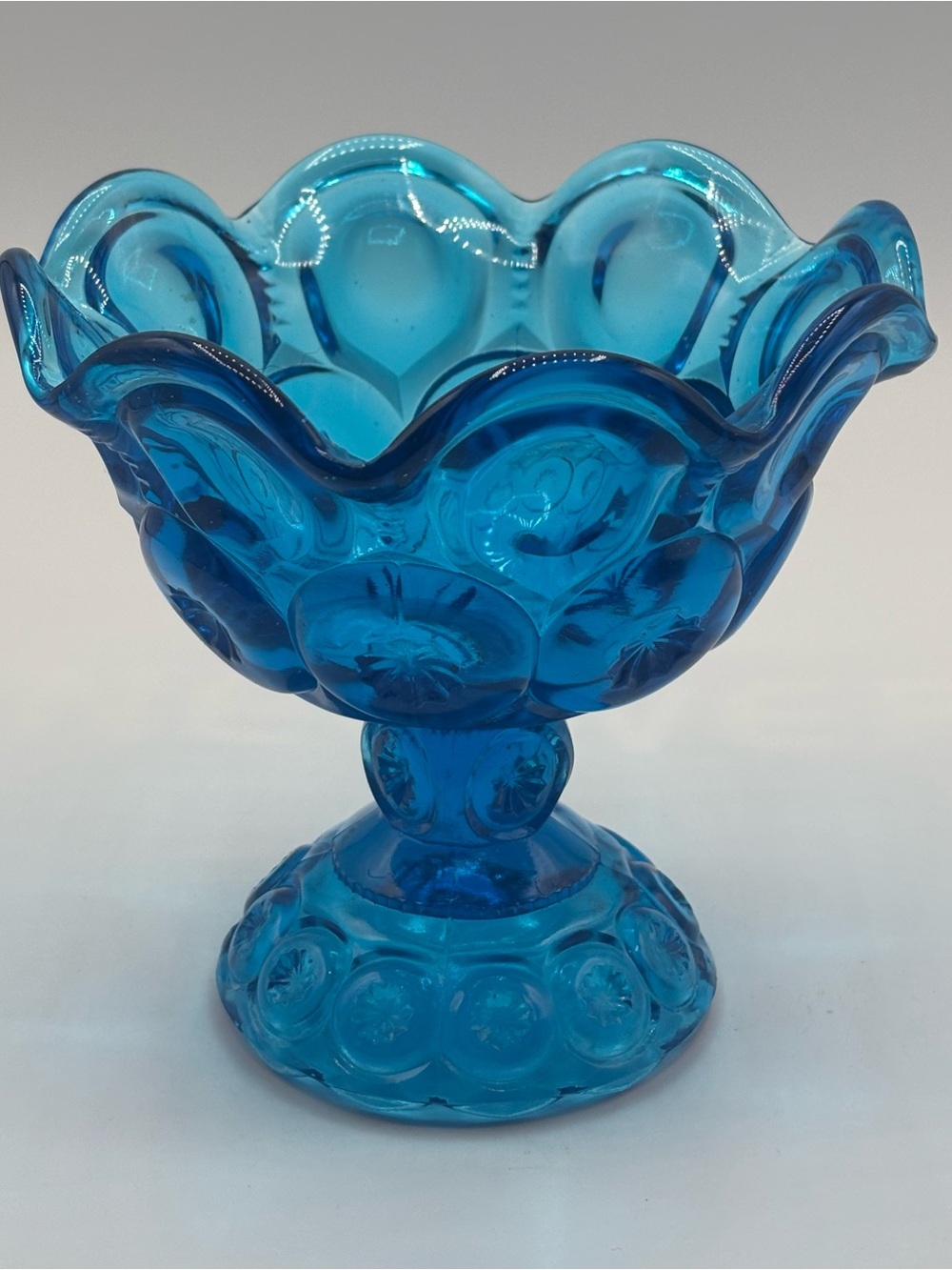 Vintage Indiana Green Frosted Glass Lotus Blossom Compote Candy Dish Pedestal